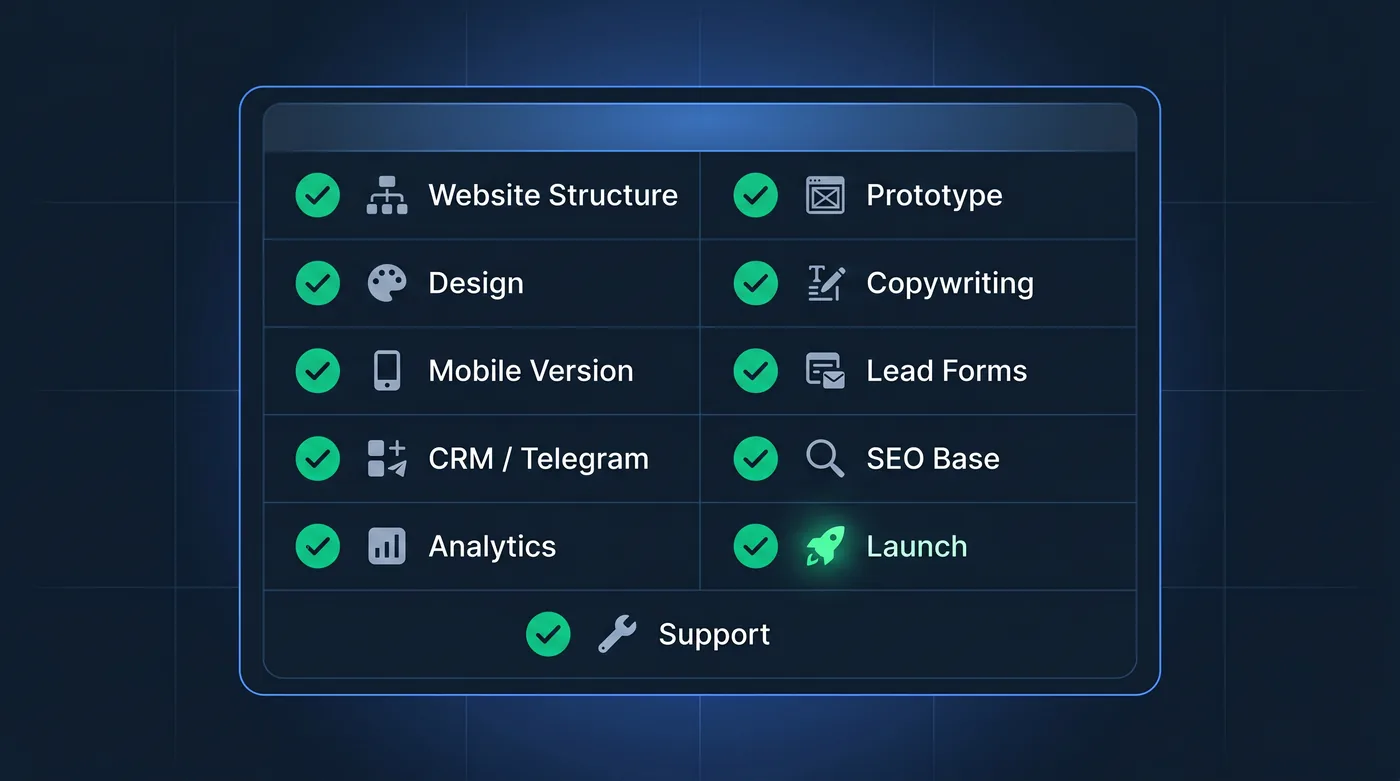 Что входит в разработку сайта под ключ: структура, дизайн, формы, CRM, SEO и аналитика
